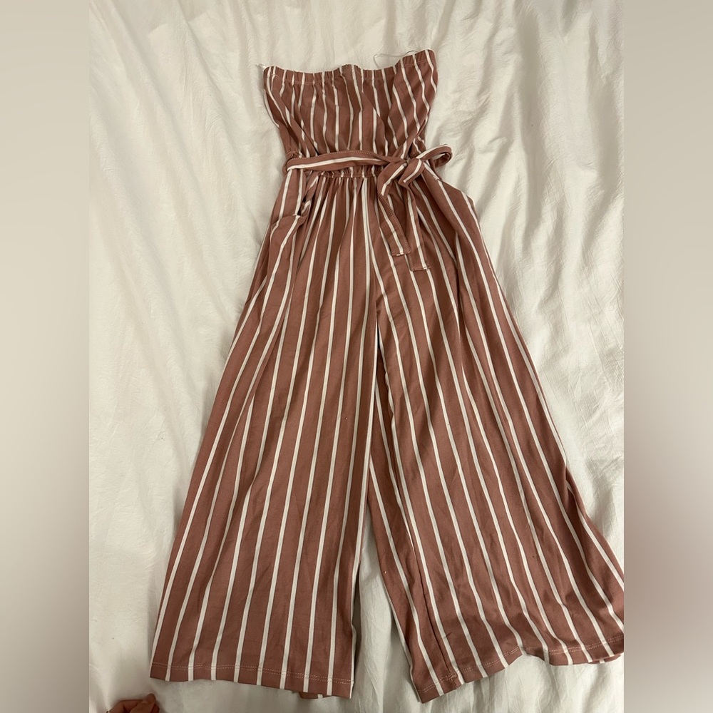 Strapless striped jumpsuit with side tie